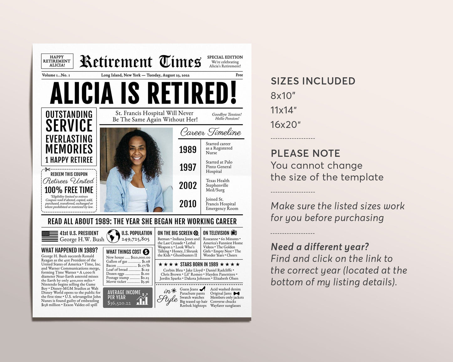 Newspaper Retirement Sign Back in 1989, Personalized Retirement Gift for Registered Nurse, Retirement Gifts For Nurse