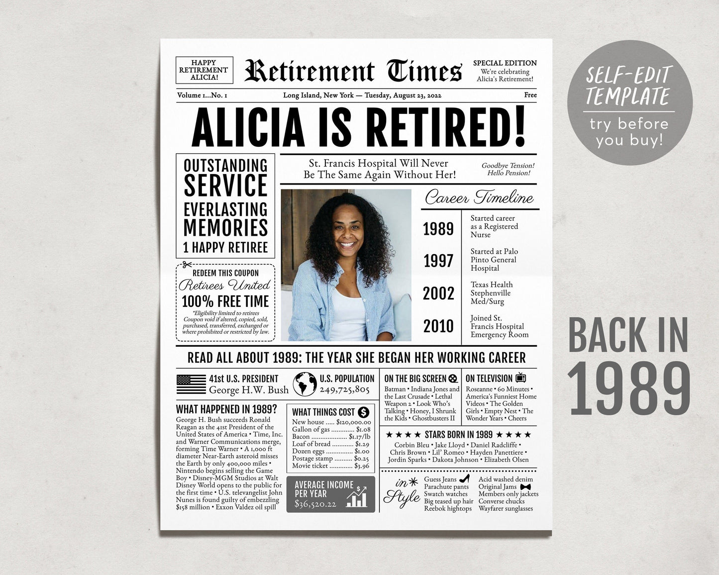 Newspaper Retirement Sign Back in 1989, Personalized Retirement Gift for Registered Nurse, Retirement Gifts For Nurse