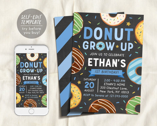 Donut Grow Up Birthday Invitation First Birthday Template, Editable Donut Invitation 1st Birthday, Boy Doughnut Birthday, Chalkboard Party