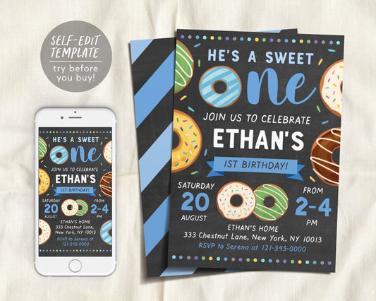 He's a Sweet One Boy Invitation First Birthday Template, Editable Donut Invitation 1st Birthday, Boy Doughnut, Chalkboard Sweet Celebration