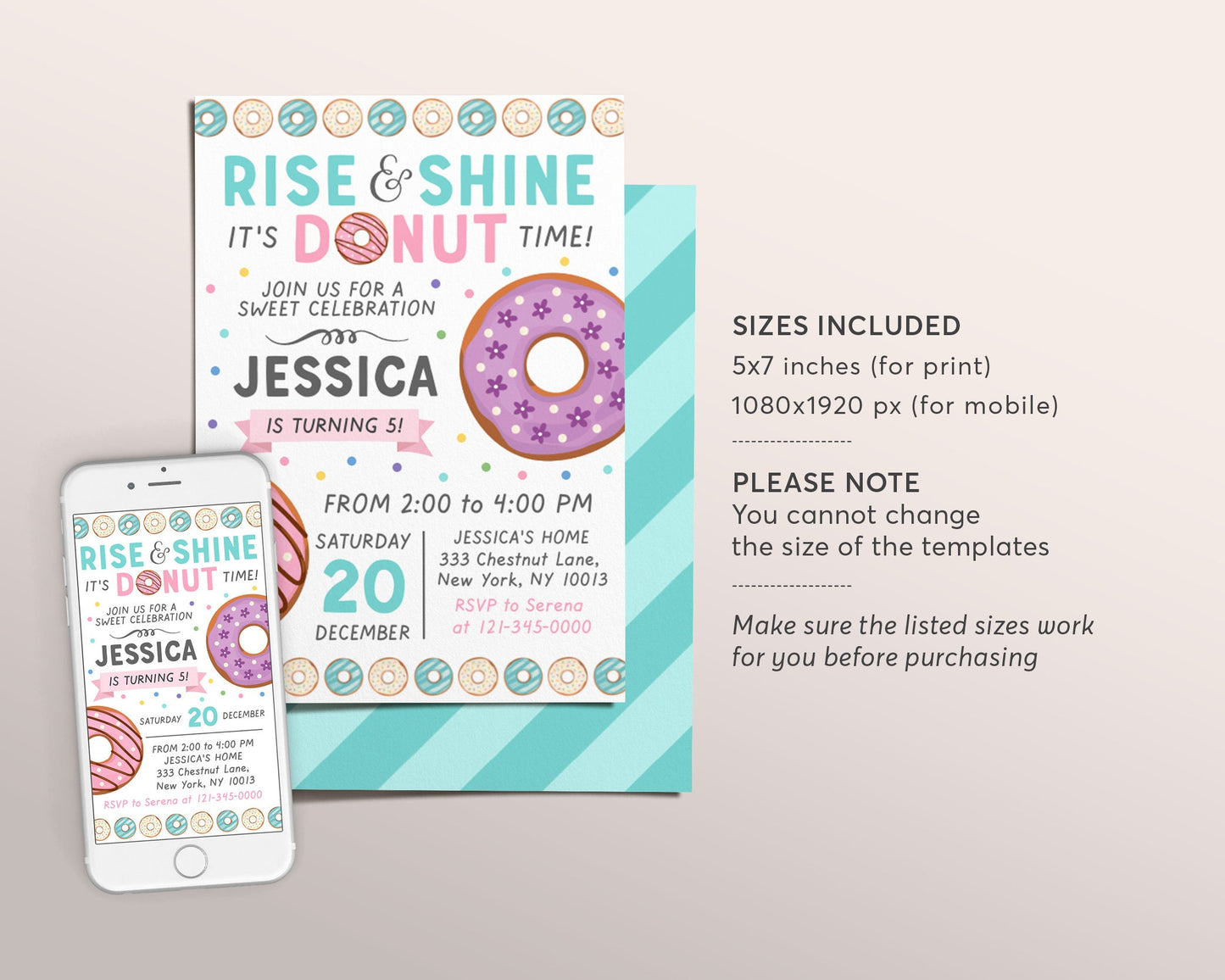 Editable Rise and Shine Donut Time Birthday Invitation Template, Girl Sweet Doughnut Birthday, Donut Party Invite, Donut Invitation