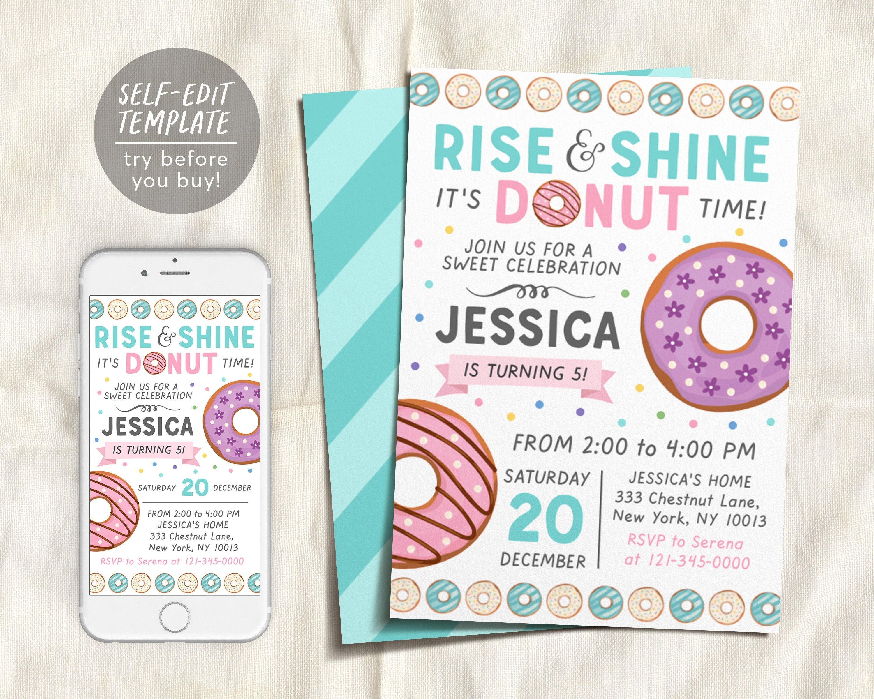 Editable Rise and Shine Donut Time Birthday Invitation Template, Girl ...