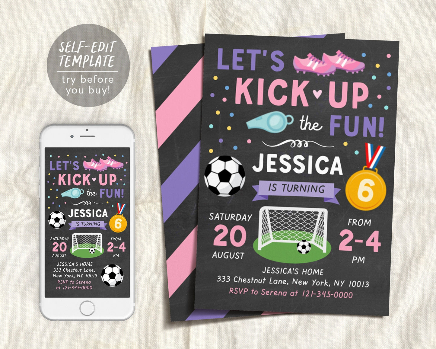 Editable Girl Soccer Kick It Birthday Party Invitation Template, Kick Up the Fun, Sports Birthday Invitation, Sports Theme Birthday