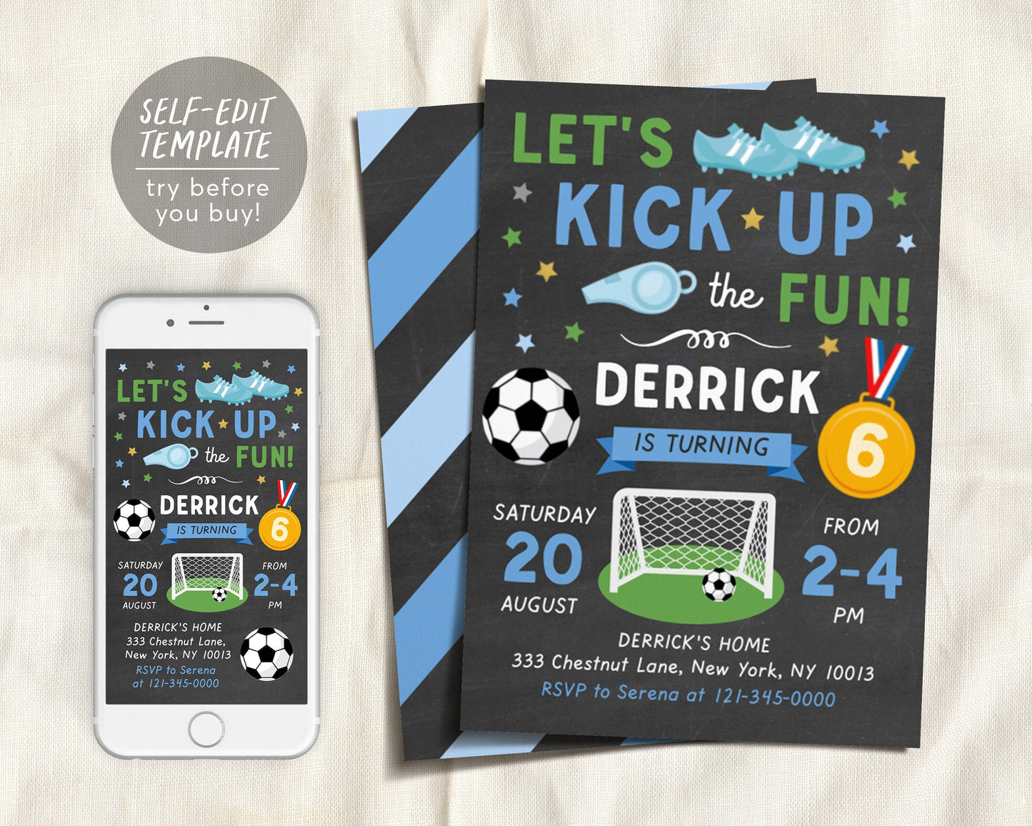 Editable Boy Soccer Kick It Birthday Party Invitation Template, Kick Up the Fun, Sports Birthday Invitation, Sports Theme Birthday