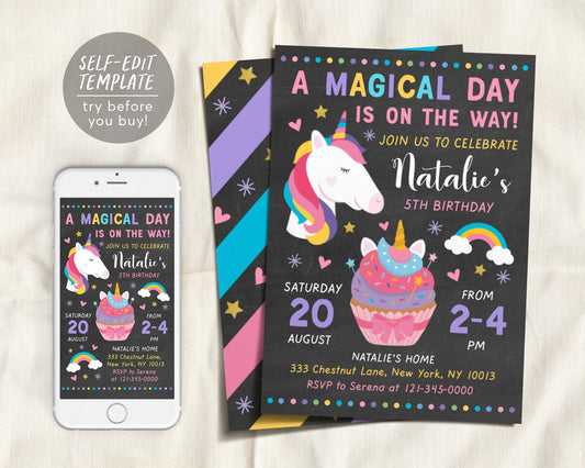 Editable Unicorn Birthday Party Invitation Template, Rainbow Magical Day Is On The Way Party Invite, Chalkboard Unicorn Cupcake Evite