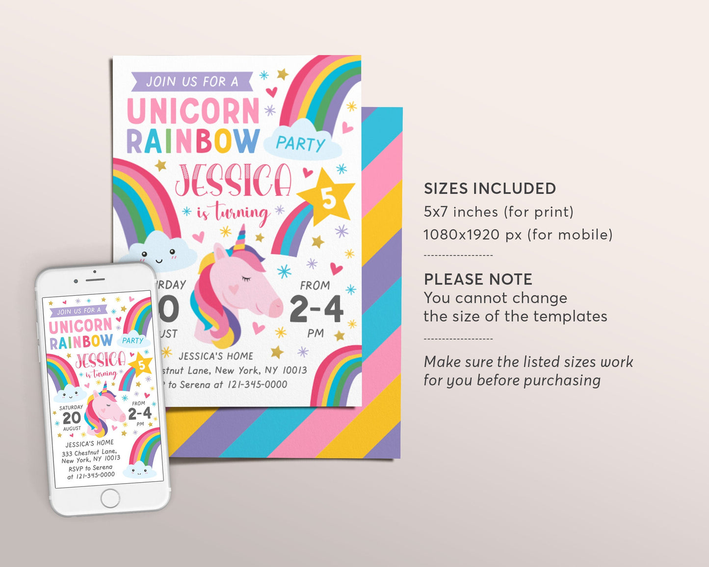 Editable Unicorn Rainbow Birthday Party Invitation Template, Girl Rainbow Magical Day Party Invite, Shooting Star Rainbow Birthday Evite