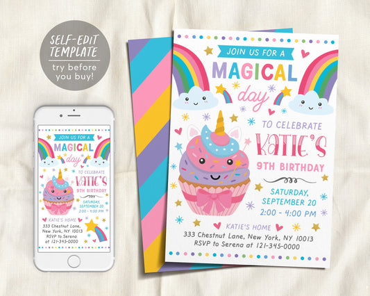 Editable Unicorn Cupcake Birthday Party Invitation Template, Girl Rainbow Magical Day Party Invite, Unicorn Treats Invitation Sweets Party