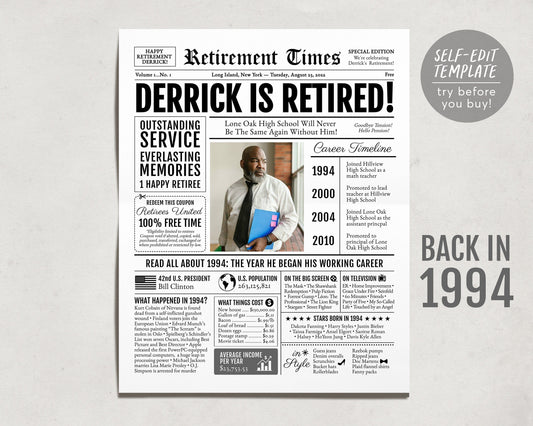 Editable Retirement Celebration Sign, Unique Newspaper Retirement Gifts for Men Women, Vice Assistant Principal Gift, History Back in 1994