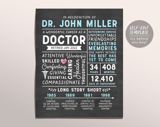 Editable Personalized Retirement Gift for Doctor, Retirement Gifts For Medical Doctor, Retirement Sign for Doctor, Physician  Surgeon Gift