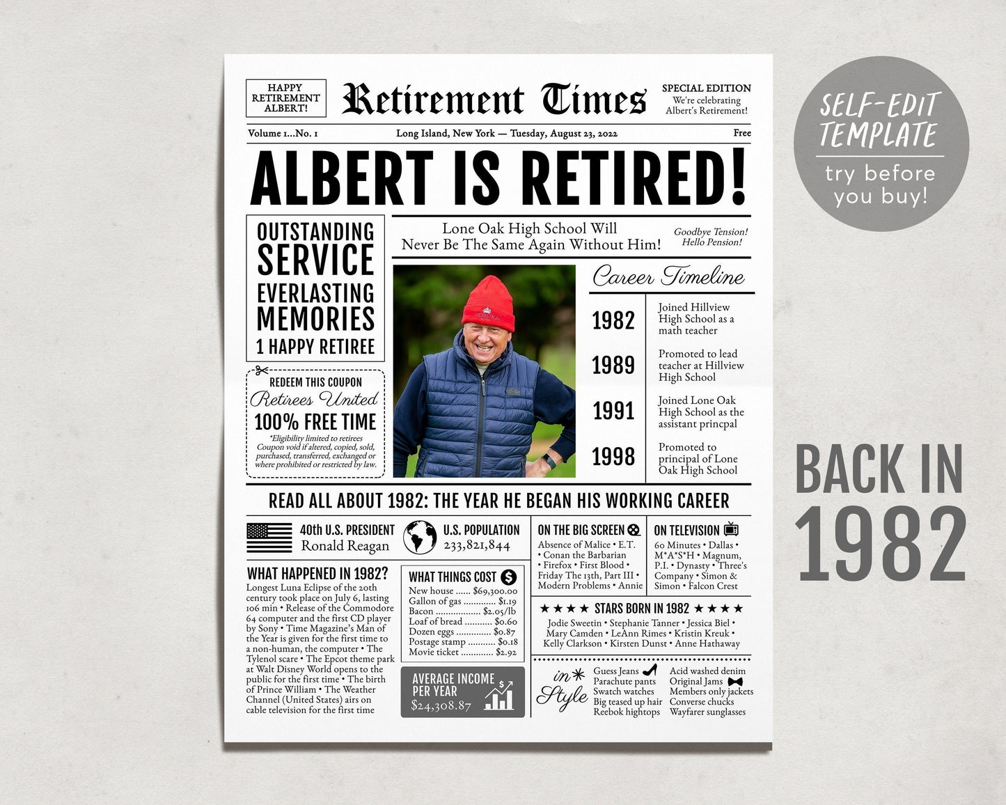 Personalized Retirement Gift for Men or Women, Editable Retirement Celebration Welcome Sign, Unique Party Decoration, Newspaper Back in 1982