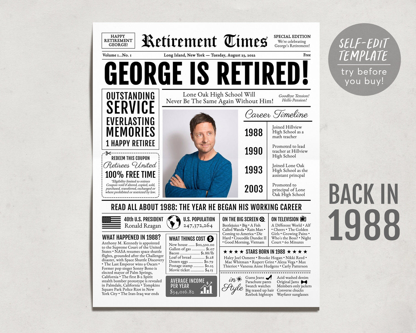 Personalized Retirement Gift for Assistant Principal, Retirement Gifts For Assistant Principal, Retirement Sign, Newspaper Back in 1988