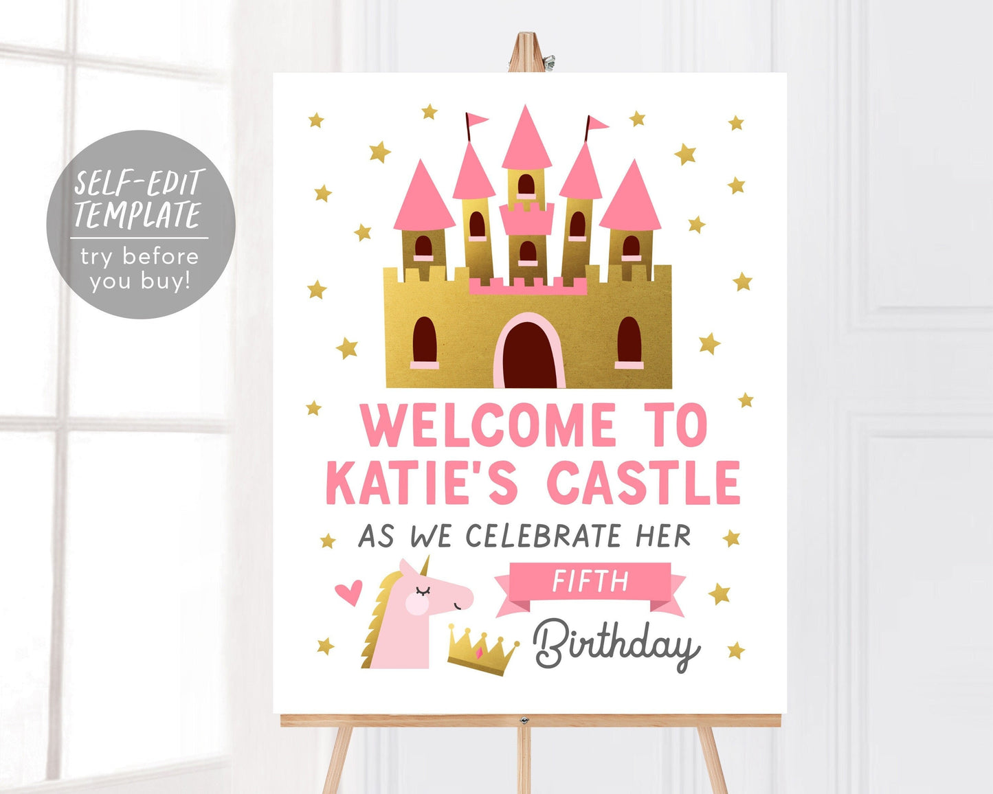 Editable Princess Birthday Welcome Sign Template, Princess Castle Party Sign, Unicorn Yard Lawn Sign, Royal Celebration, Pink and Gold