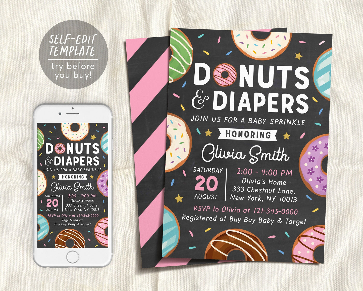Donuts and Diapers Sprinkle Baby Shower Invitation Template, Editable Donut Baby Sprinkle Invite, Baby Girl, Sprinkled With Love
