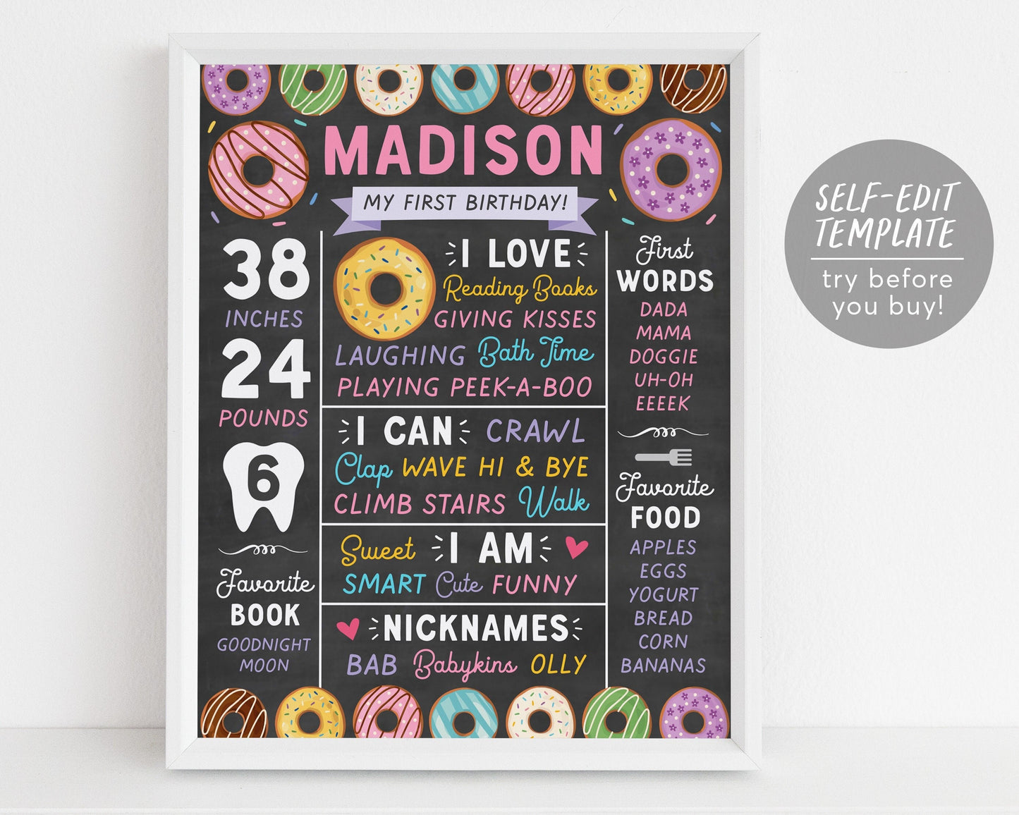 Editable Donut First Birthday Sign Template, Donut 1st Birthday Poster, Doughnut Donut Party Decorations Board Banner Milestone Party Decor