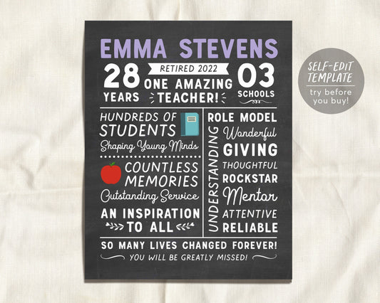 Editable Teacher Retirement Gift, Chalkboard Printable Teacher Poster Sign, Personalized Print for Retiring Teacher from Staff, Appreciation