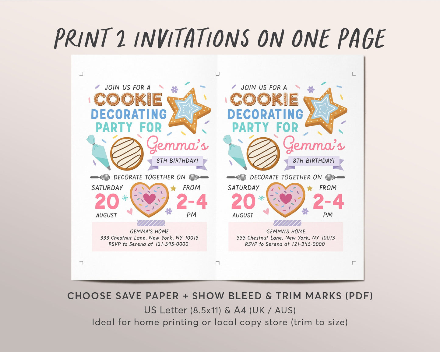 Editable Cookie Decorating Party Invitation Template, Baking Birthday Party Evite, Kids Cooking, Birthday Girl Chef Invite, Sugar Cookie