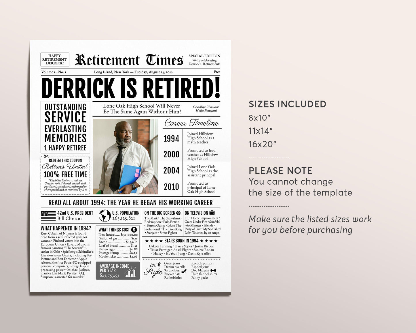 Editable Retirement Celebration Sign, Unique Newspaper Retirement Gifts for Men Women, Vice Assistant Principal Gift, History Back in 1994