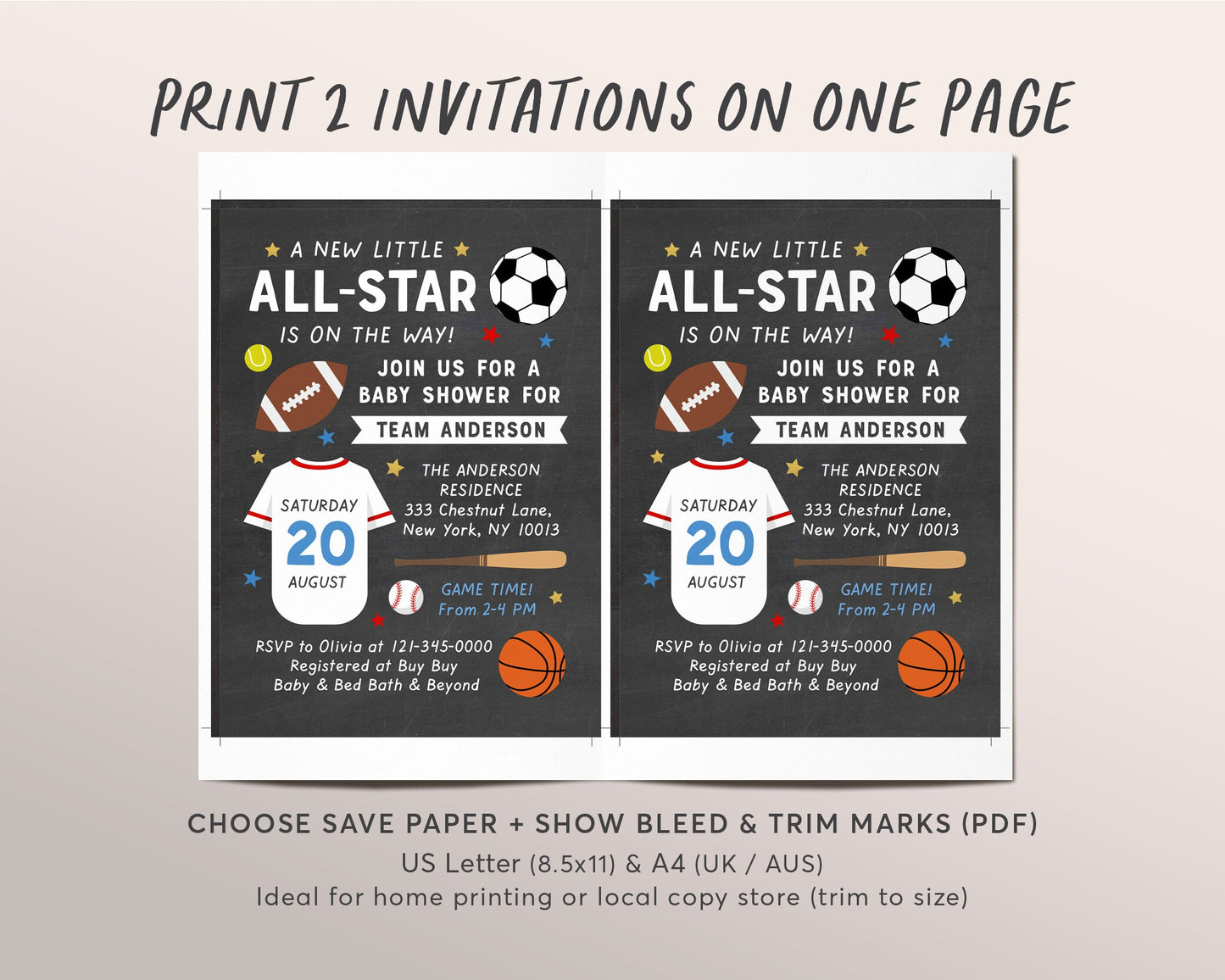 Editable Sports All Star Baby Shower Invitation Template, Baseball Football Soccer Jersey Baby Shower Invitation, Little Slugger On The Way