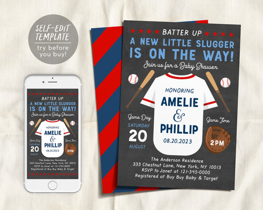 Editable Baseball Baby Shower Invitation Template, Sports Shower Invite, Batter Up Little Slugger On The Way, It's a Boy, Baseball Jersey