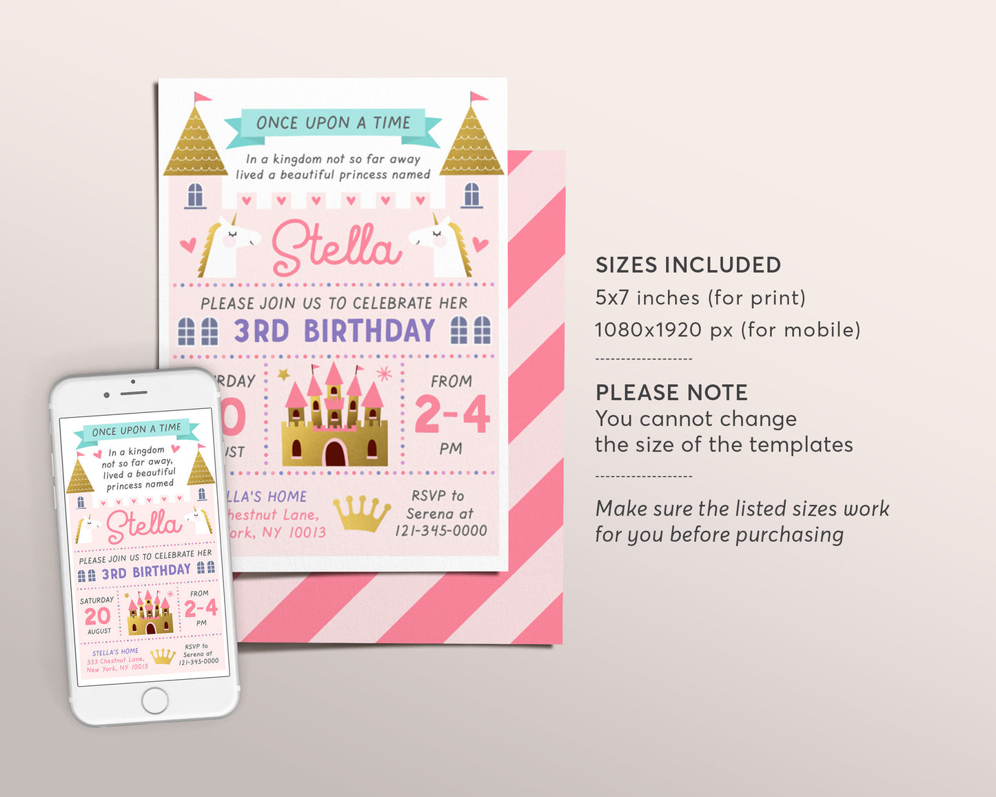 Editable Princess Birthday Invitation Template, Castle Pink and Gold Invitation, Royal Birthday Invitation, Princess 3rd Birthday Invitation