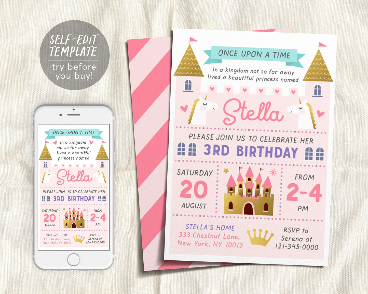 Editable Princess Birthday Invitation Template, Castle Pink and Gold Invitation, Royal Birthday Invitation, Princess 3rd Birthday Invitation