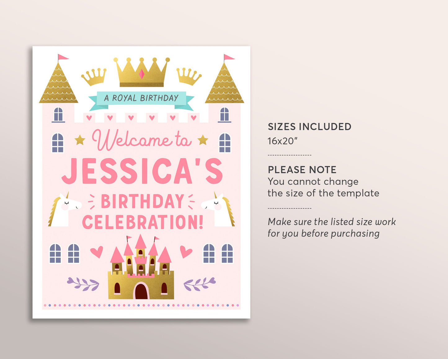 Editable Little Princess Crown Castle Birthday Welcome Sign Template, Royal Celebration Poster Banner, Girl Pink and Gold Party Decor
