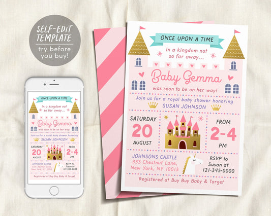 Editable Princess Baby Shower Invitation Template, A little Princess is On the Way, Royal Baby Shower, Once Upon A Time Sprinkle, Pink Gold