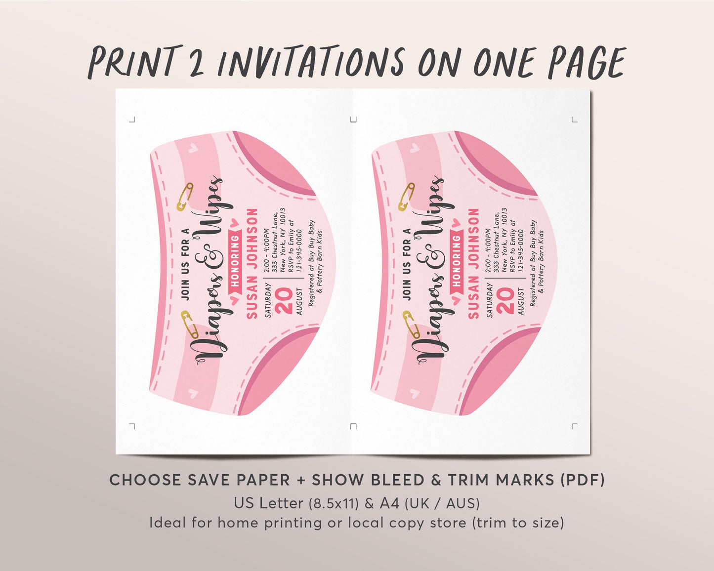 Editable Diaper and Wipes Baby Shower Invitation Template, Baby Girl Pink Blush Baby Shower, Nappy, Baby Sprinkle Invite, It's A Girl