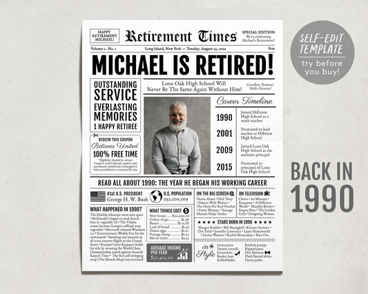 Editable Retirement Celebration Sign, Unique Newspaper Retirement Gifts for Men Women, Vice Assistant Principal Gift, History Back in 1990