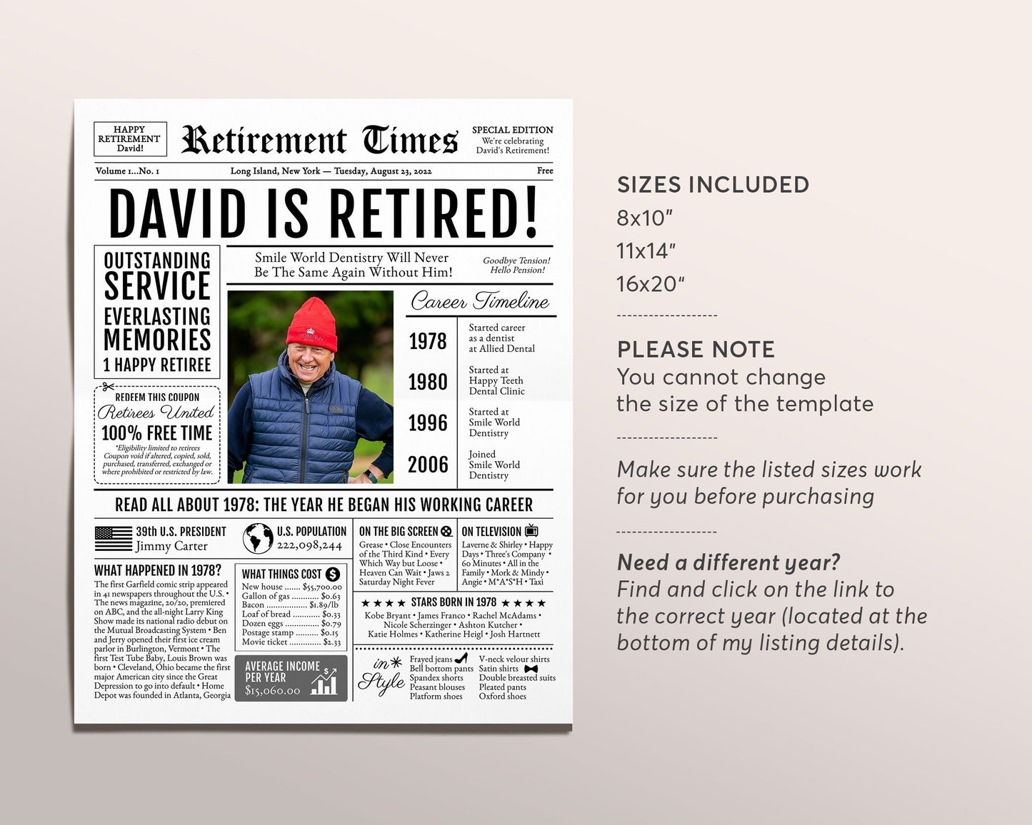 Editable Retirement Gift for Dentist Template, Retirement Gifts For Psychologist, Retirement Sign for Surgeon Lawyer, Newspaper Back in 1978