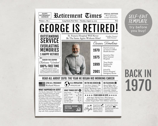 Editable Retirement Gift for Physician Template, Retirement Gifts For Librarian, Retirement Sign for Office Clerk, Newspaper Back in 1970