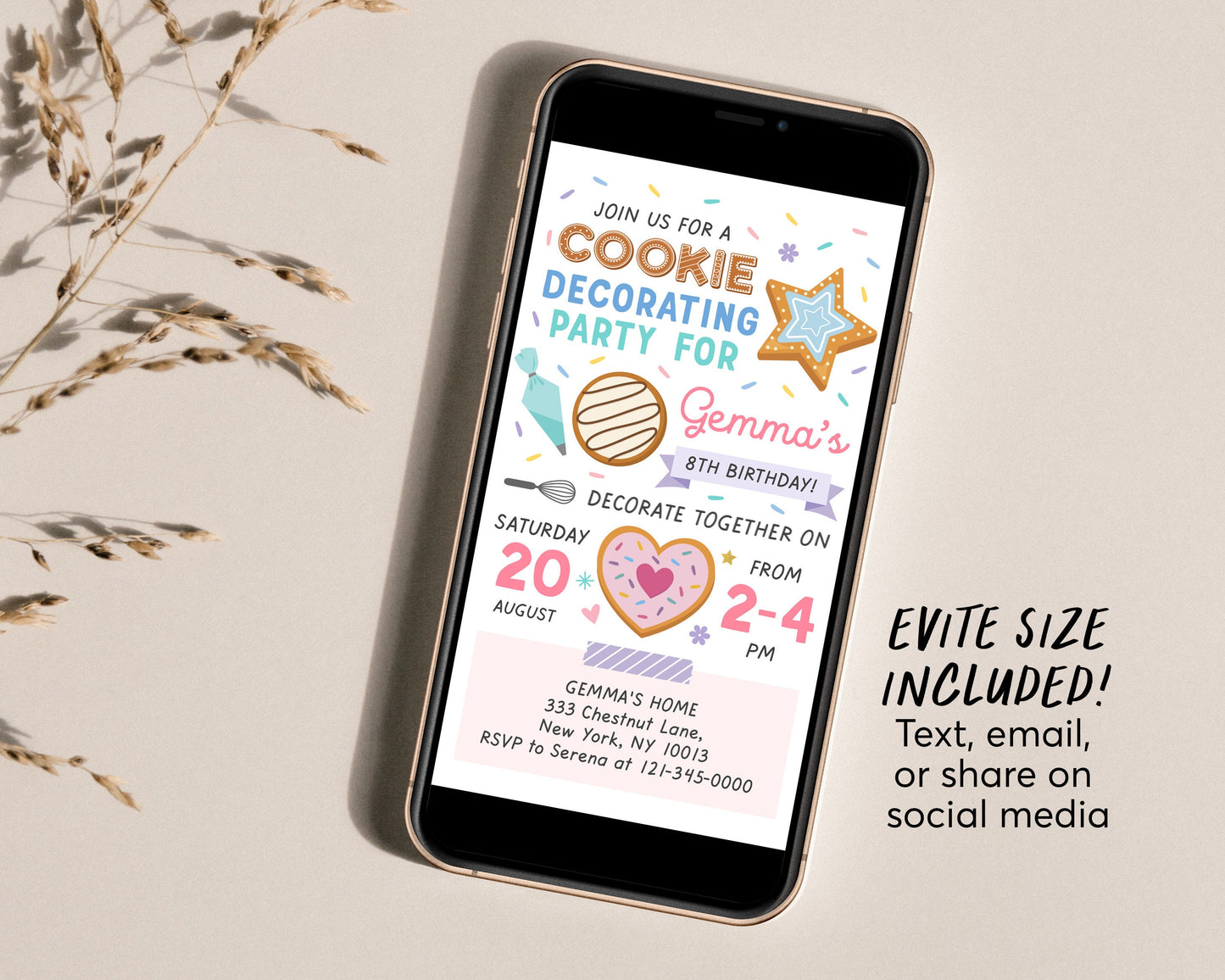 Editable Cookie Decorating Party Invitation Template, Baking Birthday Party Evite, Kids Cooking, Birthday Girl Chef Invite, Sugar Cookie