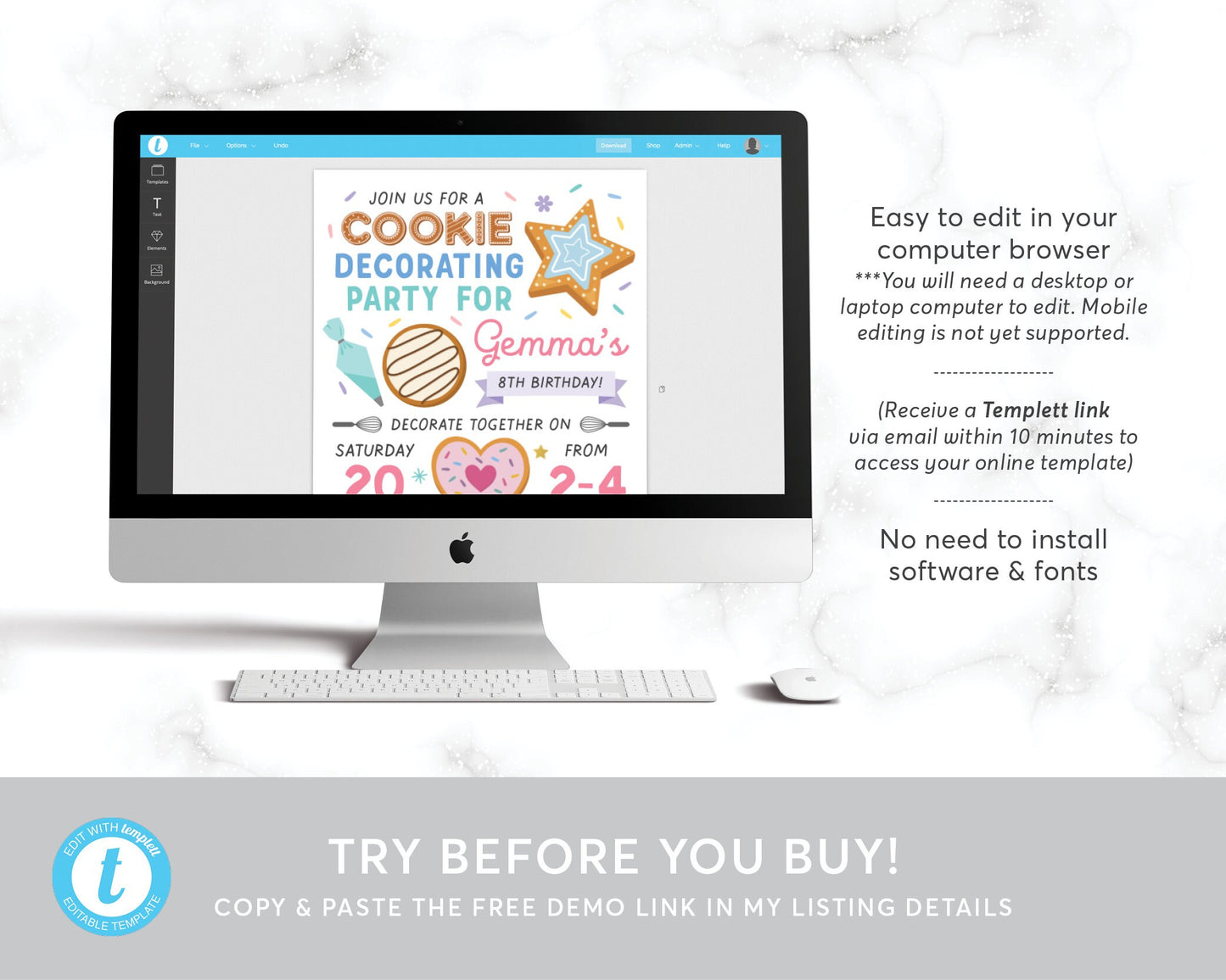 Editable Cookie Decorating Party Invitation Template, Baking Birthday Party Evite, Kids Cooking, Birthday Girl Chef Invite, Sugar Cookie