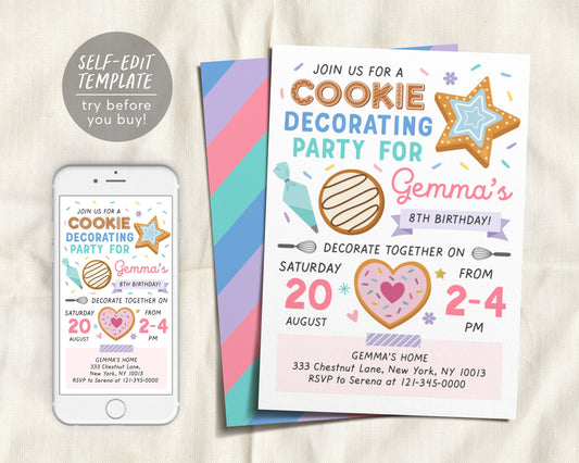 Editable Cookie Decorating Party Invitation Template, Baking Birthday Party Evite, Kids Cooking, Birthday Girl Chef Invite, Sugar Cookie