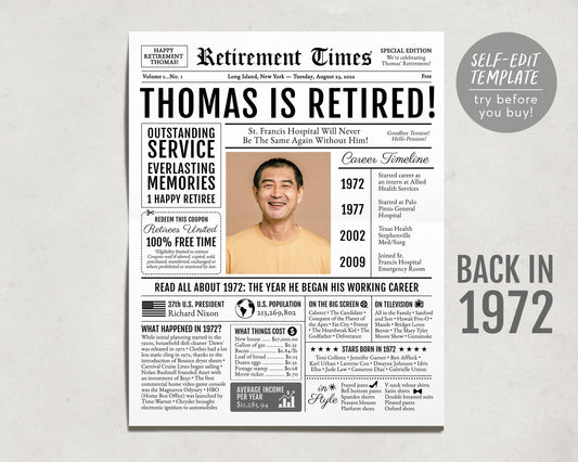 Editable Retirement Gift for Physician Template, Retirement Gifts For Librarian, Retirement Sign for Office Clerk, Newspaper Back in 1972