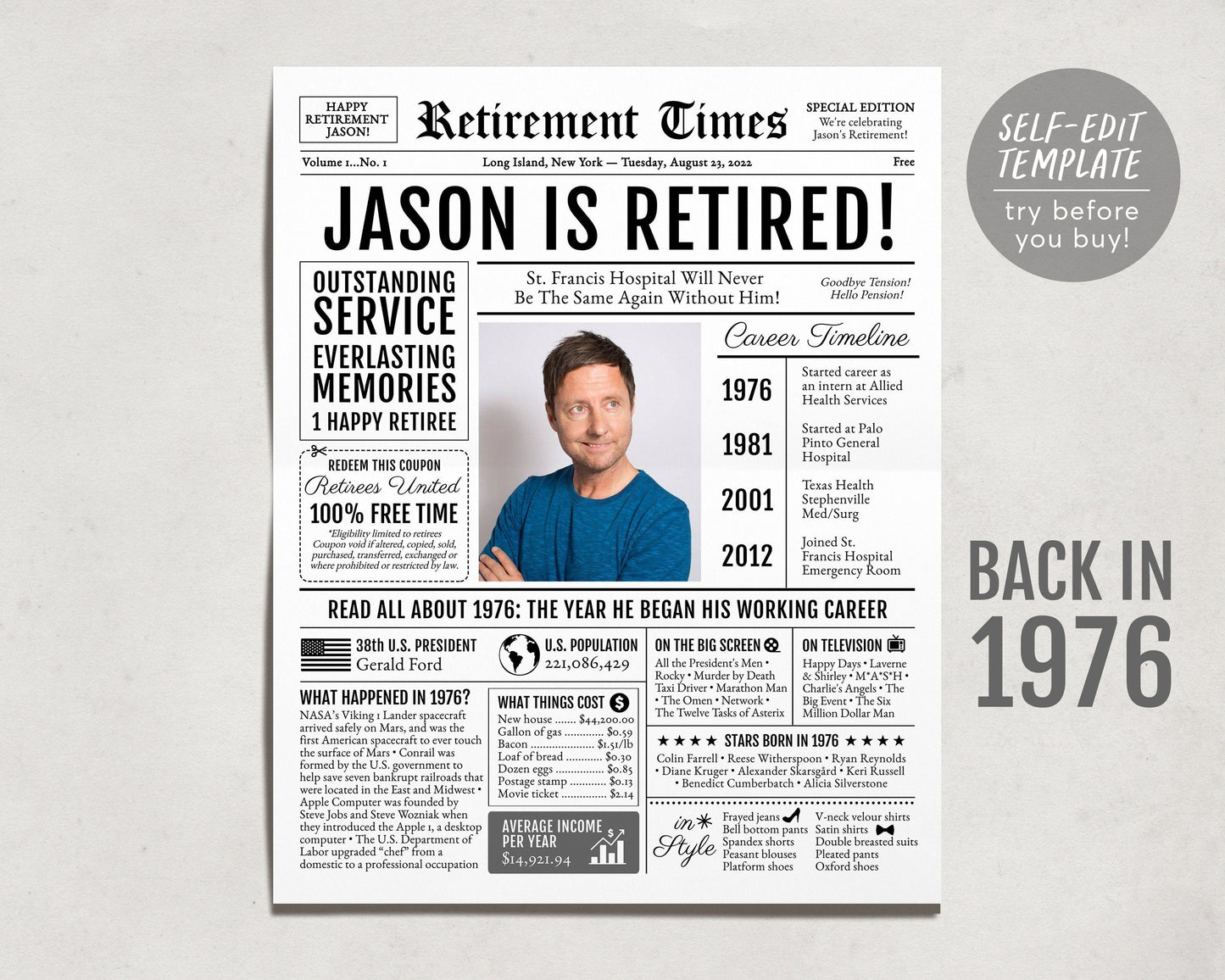 Editable Retirement Gift for Manager Template, Retirement Gifts For Accountant, Retirement Sign for Engineer, Newspaper Back in 1976