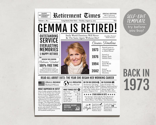 Editable Retirement Gift for Administrative Assistant Template, Retirement Gifts For Architect, Retirement Sign, Newspaper Back in 1973
