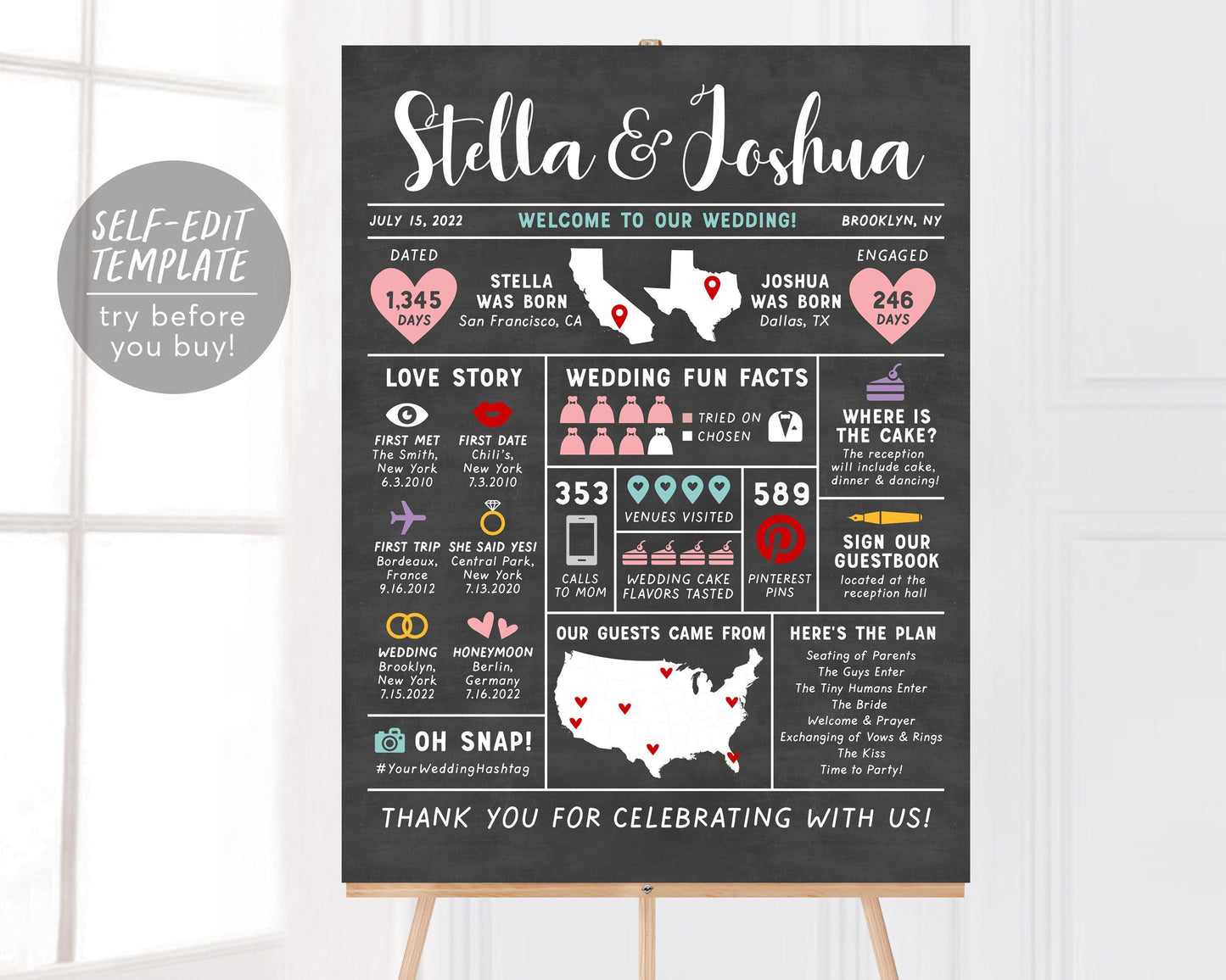 Editable Chalkboard Unique Wedding Program Infographic Sign Template, Wedding Welcome Poster, Wedding Fun Facts, Love Story Timeline