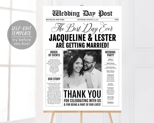 Newspaper Wedding Welcome Sign Template, Editable Wedding Program Template Newspaper, Wedding Decorations, Reception Sign, Printable