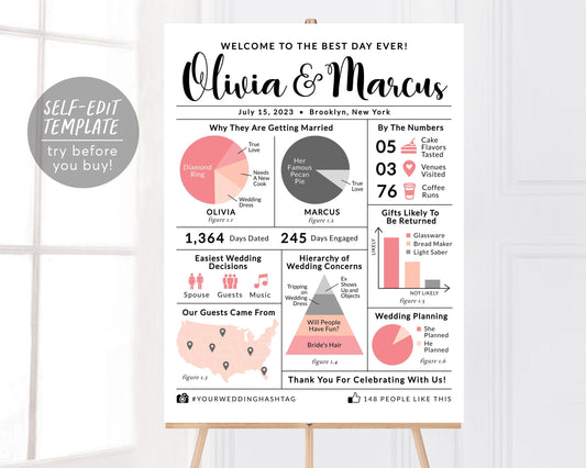 Editable Funny Modern Infographic Wedding Program Sign Template, Unique Nerd Geek Reception Sign, Welcome Poster, Custom Love Story, Nerdy