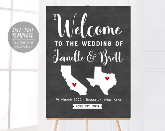 Editable Map Wedding Chalkboard Welcome Sign Template, Rustic Wedding States Reception Poster, LDR Wedding Signage, Long Distance Ceremony