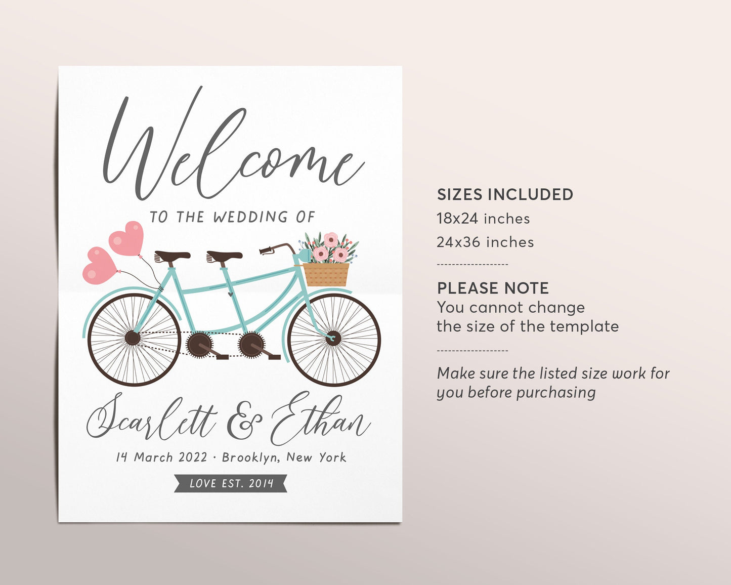 Editable Tandem Bike Wedding Welcome Sign Template, Bicycle Themed Reception Poster, Unique Rustic Wedding Ceremony, Roses Heart Balloons
