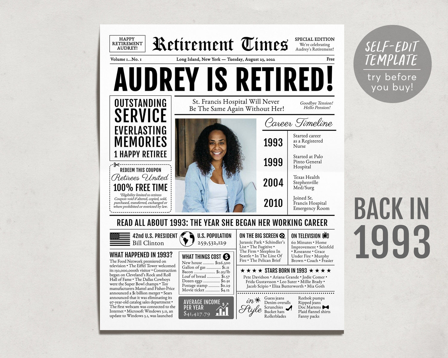 Editable Retirement Celebration Sign, Unique Newspaper Retirement Gifts for Men Women, Vice Assistant Principal Gift, History Back in 1993