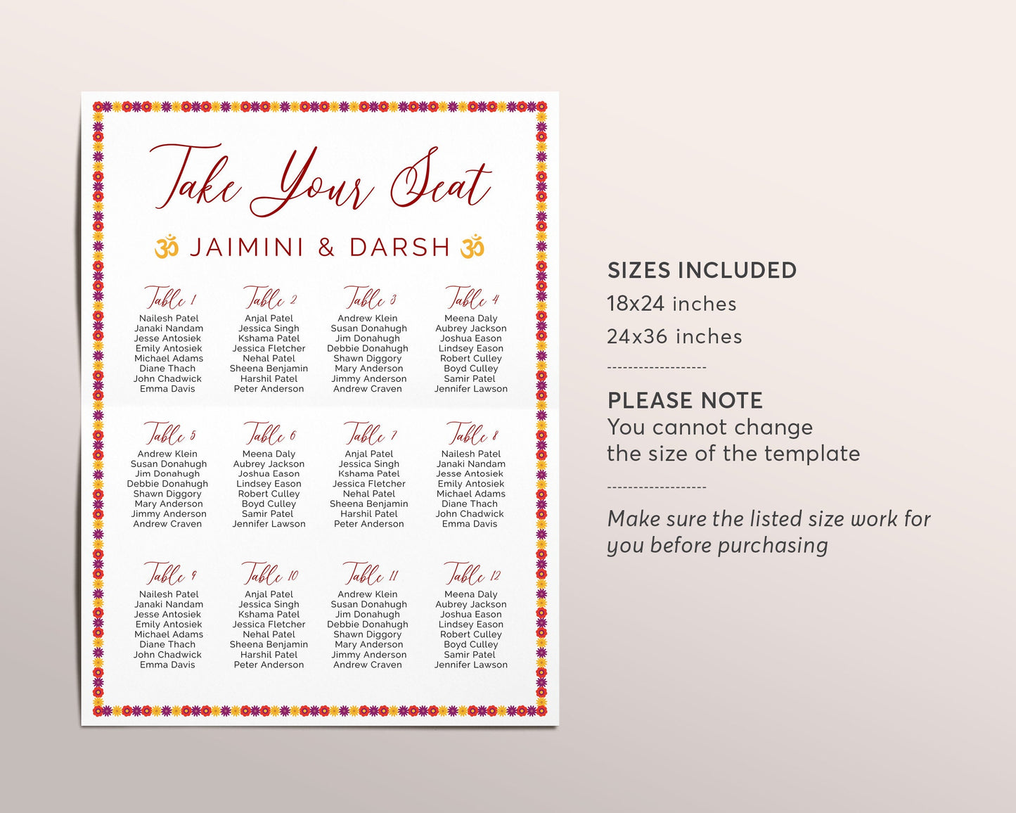 Editable Indian Wedding Seating Chart Template, Hindu DIY Table Seating, Find Your Table Wedding Sign, Custom Seating Plan, Rehearsal Dinner