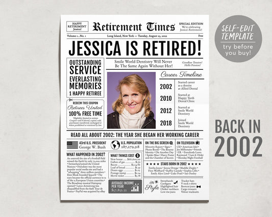 Editable Retirement Celebration Sign, Unique Newspaper Retirement Gifts for Men Women, Dental Hygienist Nurse Gift, History Back in 2002