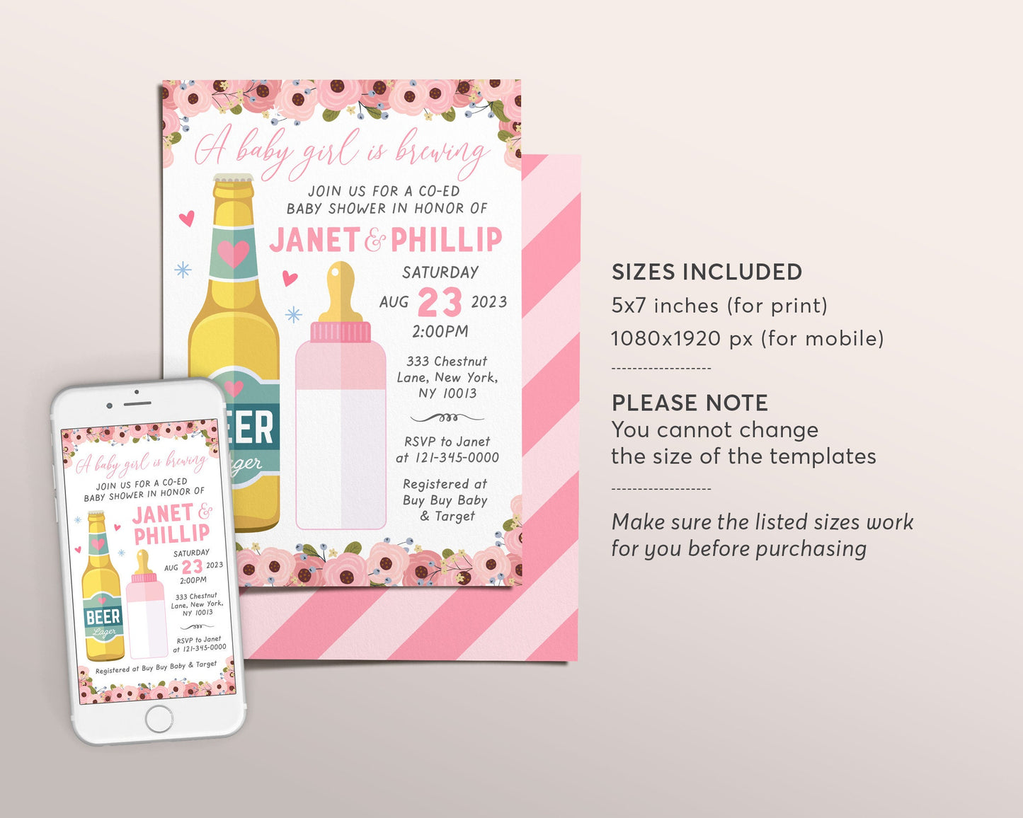 Baby Girl is Brewing Baby Shower Invitation Editable Template, Blush Pink Floral, Coed Baby Shower Invite, Beer Baby Bottle Evite Digital