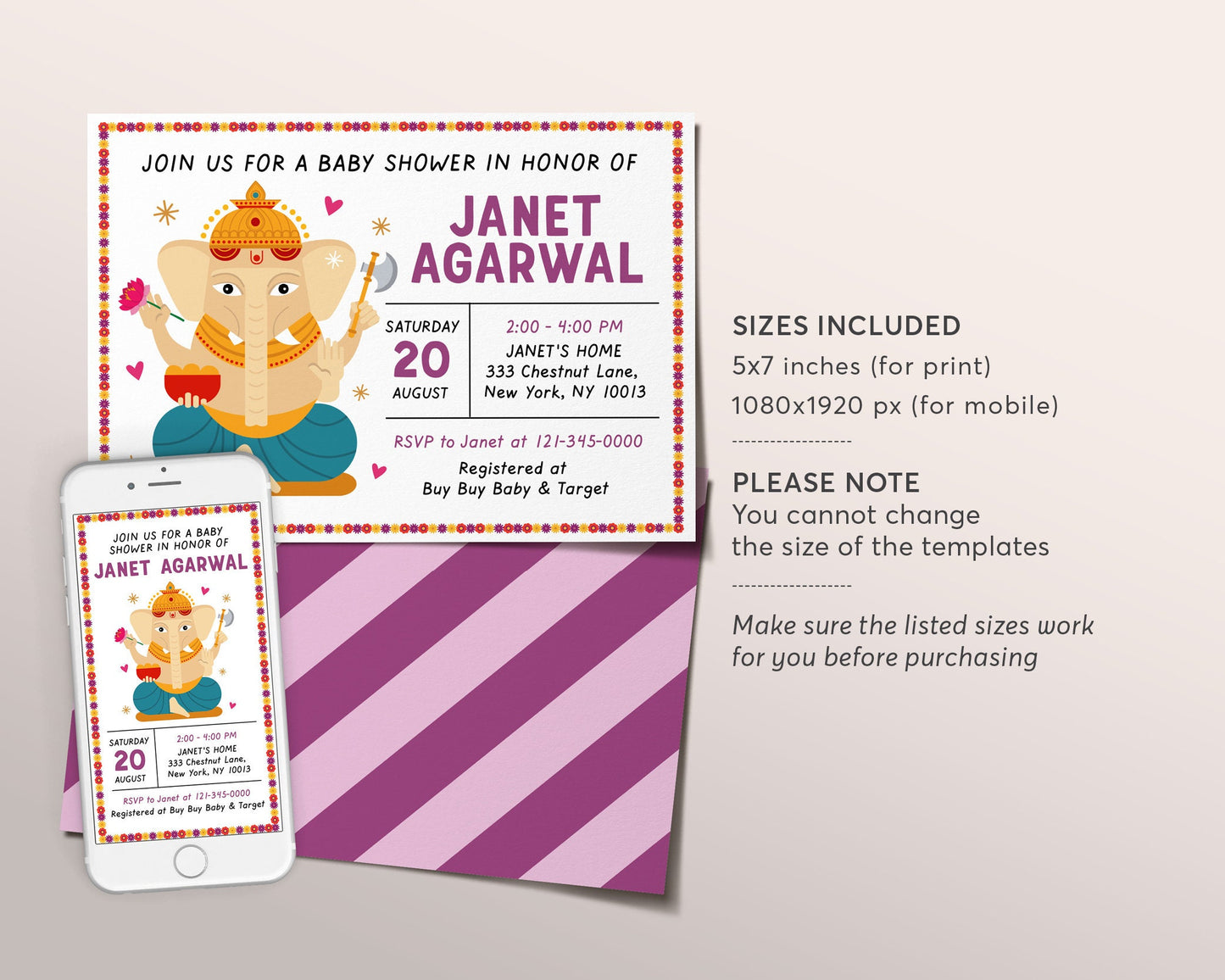 Editable Indian Elephant Baby Shower Invitation Template, Godh Bharai Hindu Shower Invite, Baby Ganesh Ganpati Floral Invite Printable