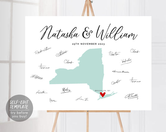 Editable Wedding Guest Book USA State Map Alternative Template, Long Distance GuestBook Poster, Custom State Map Ohio New York Sign