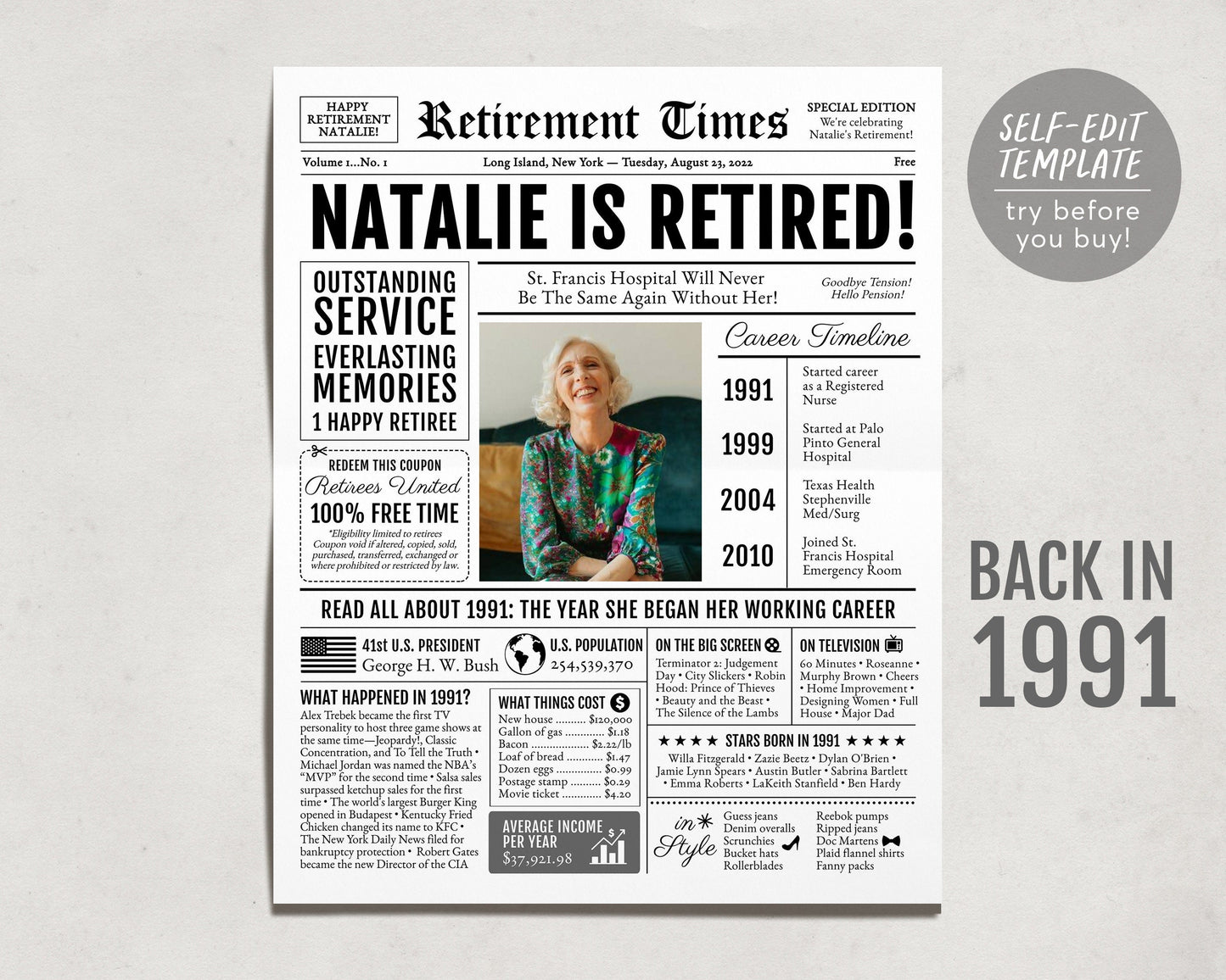 Editable Retirement Celebration Sign, Unique Newspaper Retirement Gifts for Men Women, Vice Assistant Principal Gift, History Back in 1991