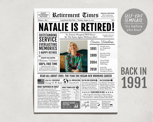 Editable Retirement Celebration Sign, Unique Newspaper Retirement Gifts for Men Women, Vice Assistant Principal Gift, History Back in 1991